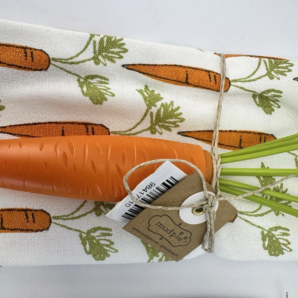 Mud Pie Carrot & Flower Towel and Whisk Spatula Set Easter Host Gift Kitchen NWT